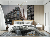 Parisian street scene with stone architecture wall mural for bedroom.