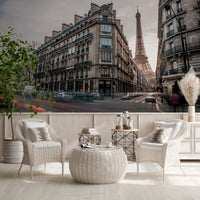 Urban city street with grey stone buildings in a Parisian Evening Wall Mural for reading area.
