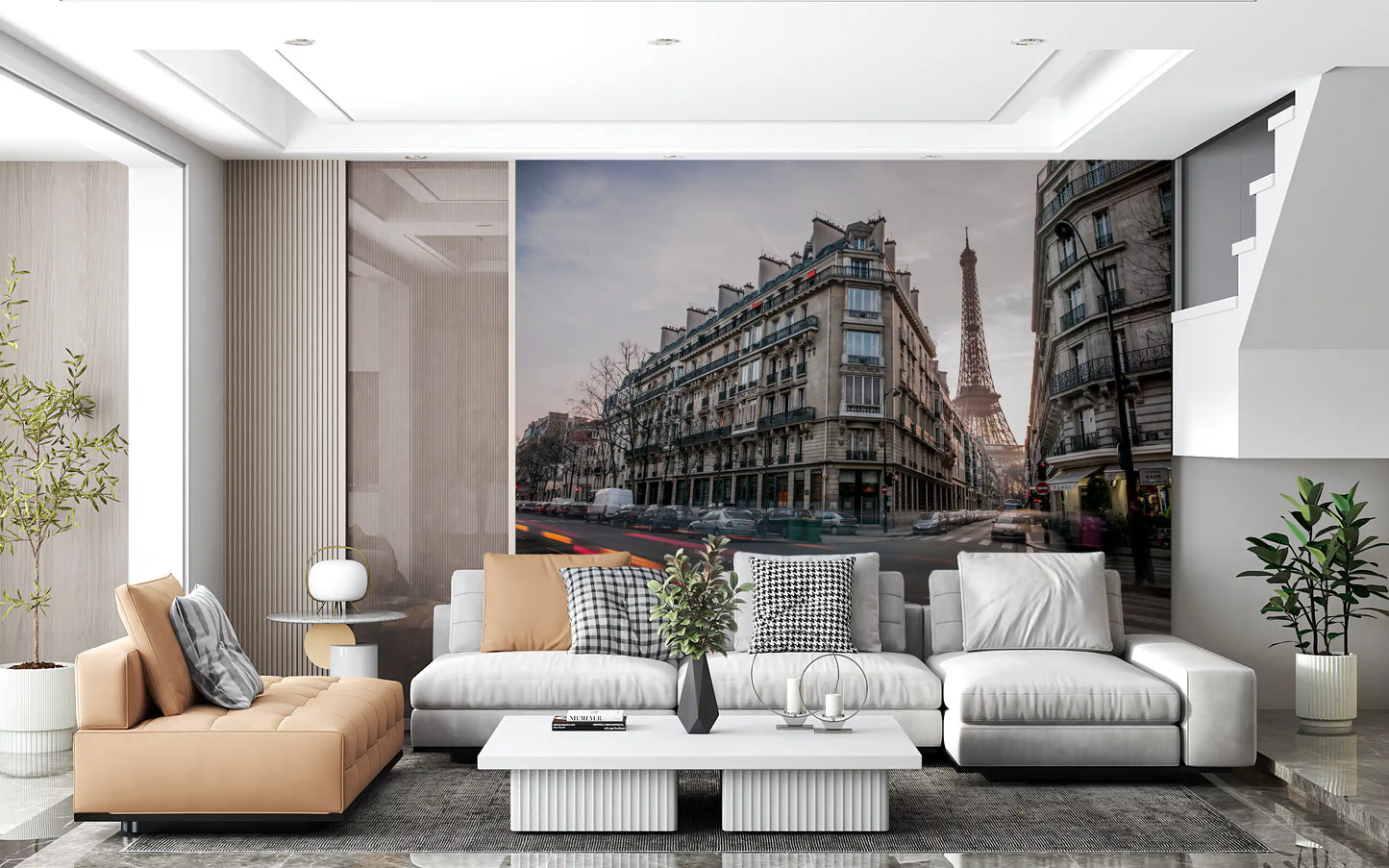 Evening cityscape with car light trails and Eiffel Tower flow wall mural.