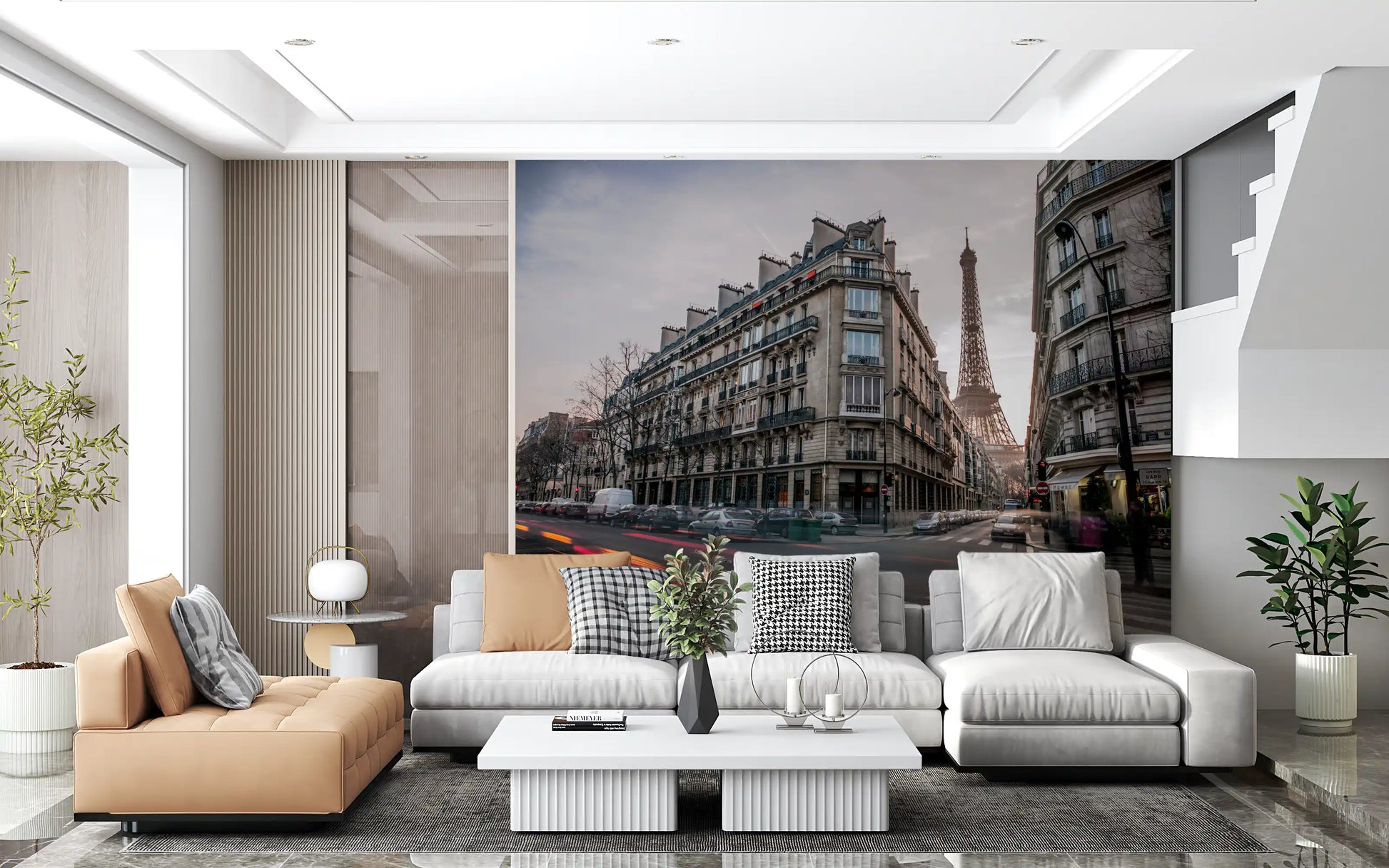 Evening cityscape with car light trails and Eiffel Tower flow wall mural.