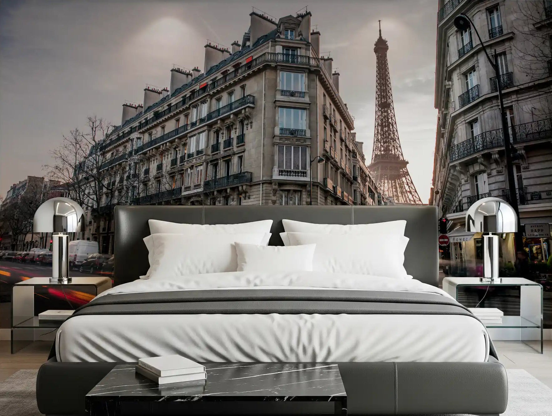 Haussmann architecture and street scene with Parisian Evening Flow Wall Mural for bedroom.