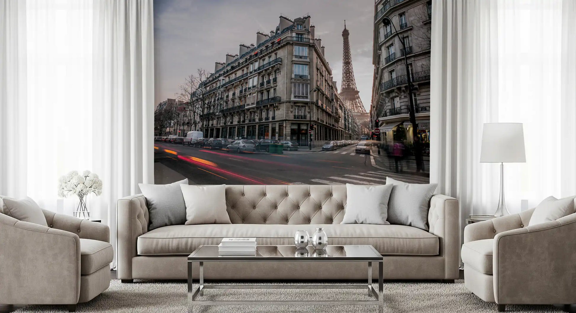 Grey stone buildings and Eiffel Tower view wall mural for living space interior.