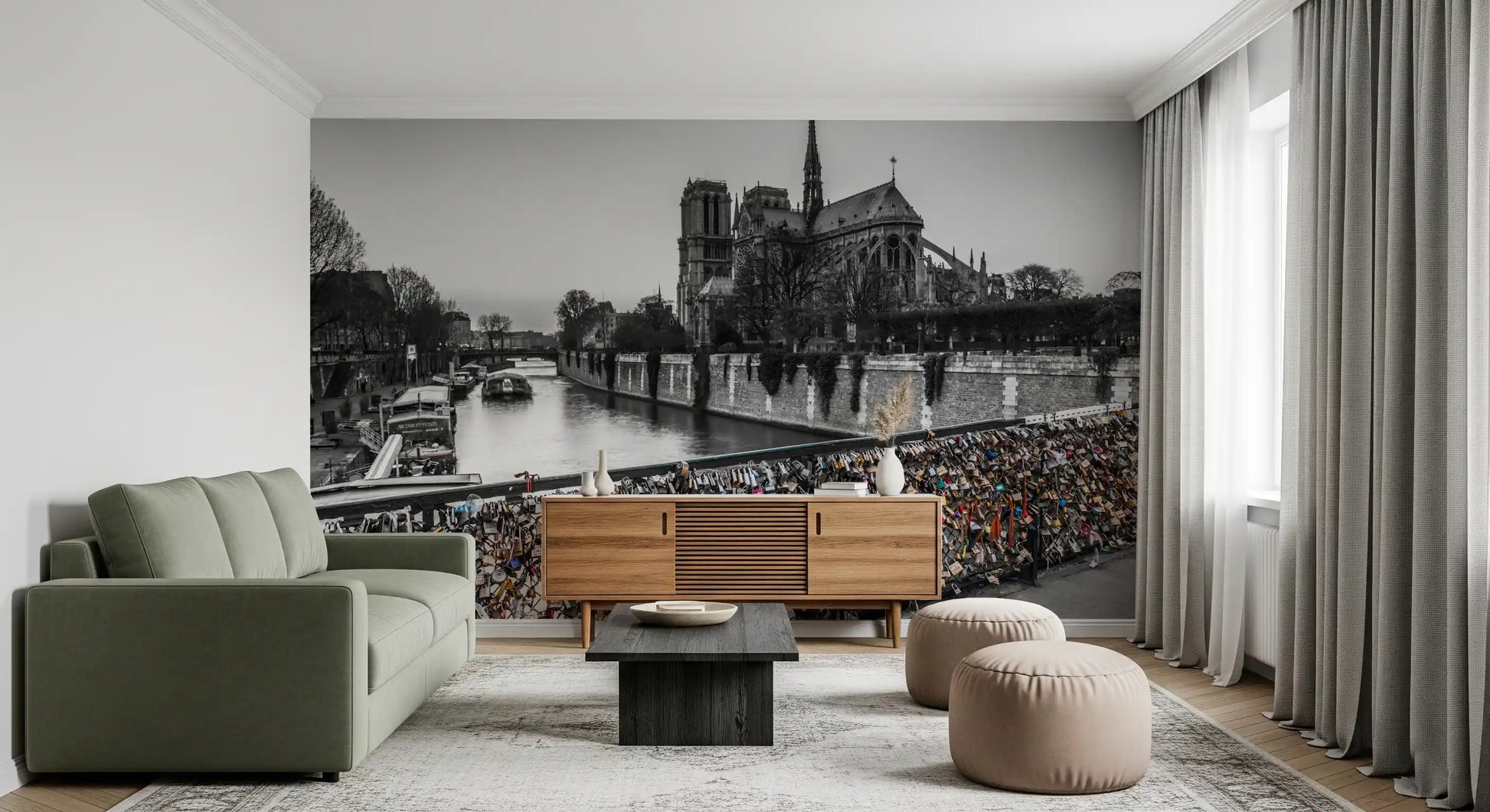 Monochrome Notre Dame cathedral mural for a modern living room feature wall., GD9843