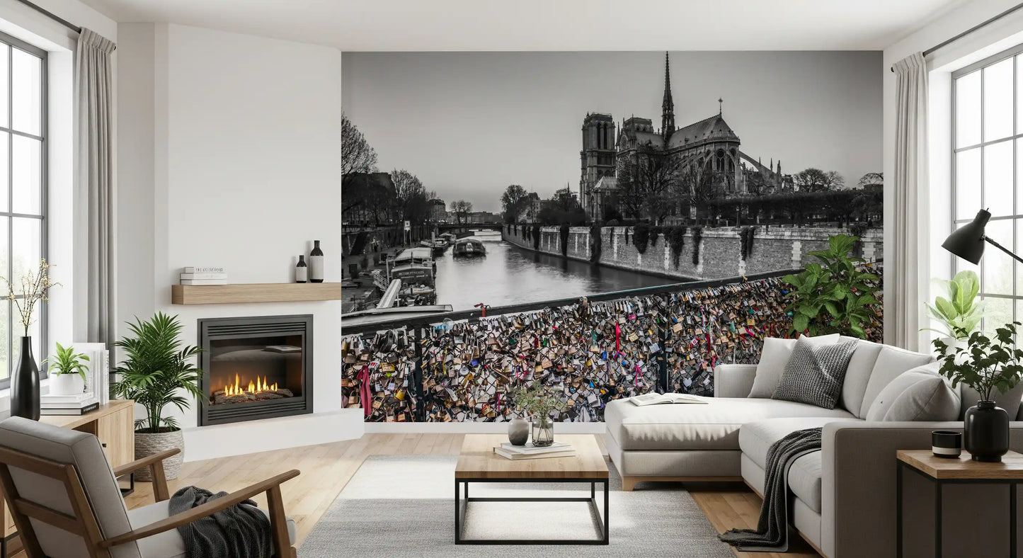Detailed lock bridge and historic cathedral mural for accent walls., GD9843