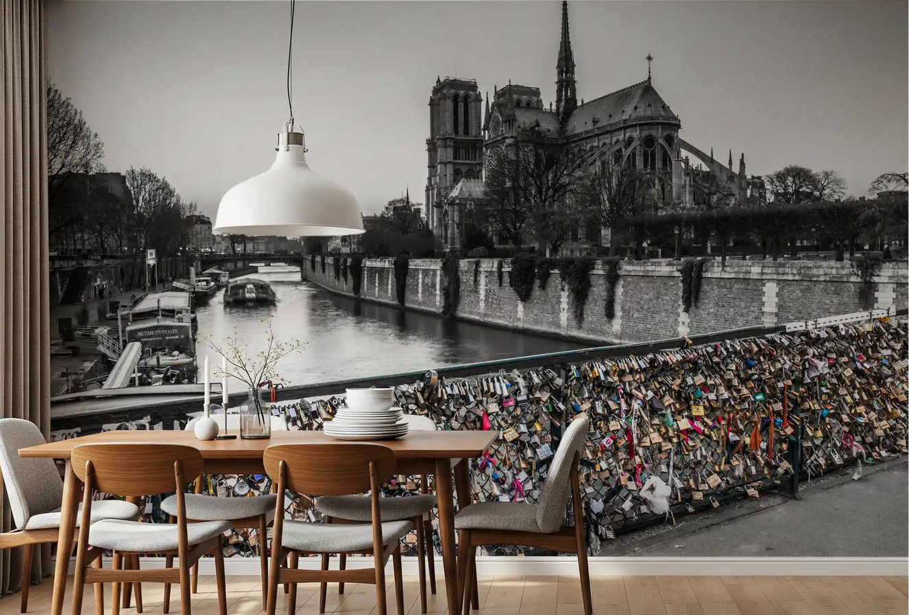 Parisian Love Locks Notre Dame's Shadow Wall Mural in a grey dining room.