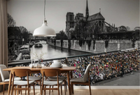 Parisian Love Locks Notre Dame's Shadow Wall Mural in a grey dining room., GD9843