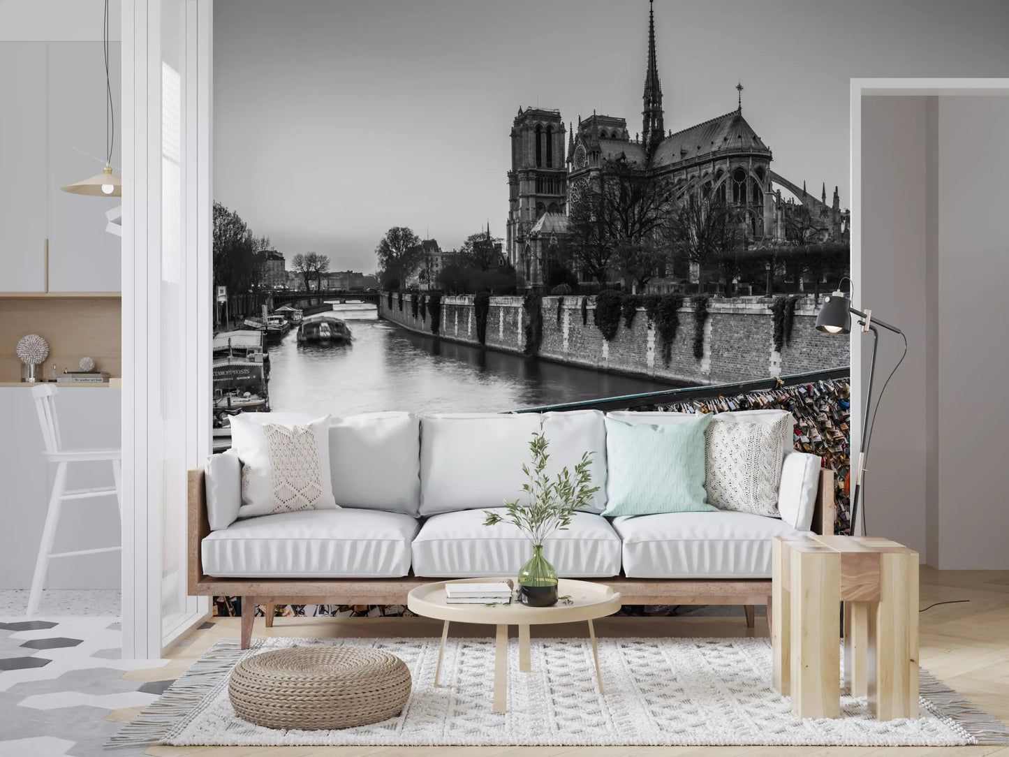 Parisian Love Locks Notre Dame's Shadow Mural on a textured lounge wall., GD9843