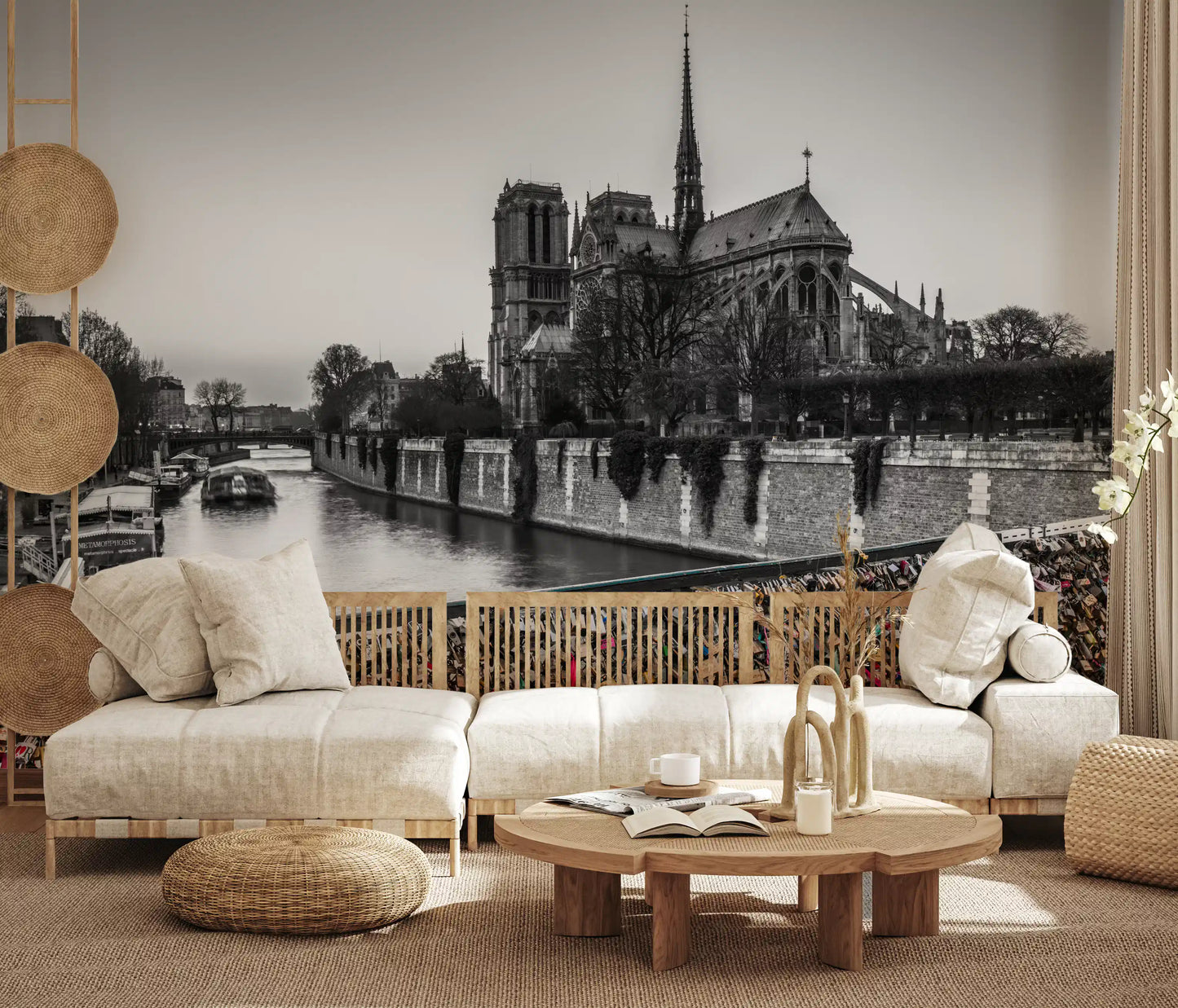 Parisian Love Locks: Notre Dame's Shadow Wall Mural in a monochrome living room., GD9843