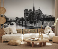 Parisian Love Locks: Notre Dame's Shadow Wall Mural in a monochrome living room., GD9843