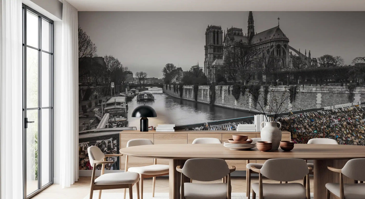 Monochrome city river scene wall mural for contemporary interior styling., GD9843