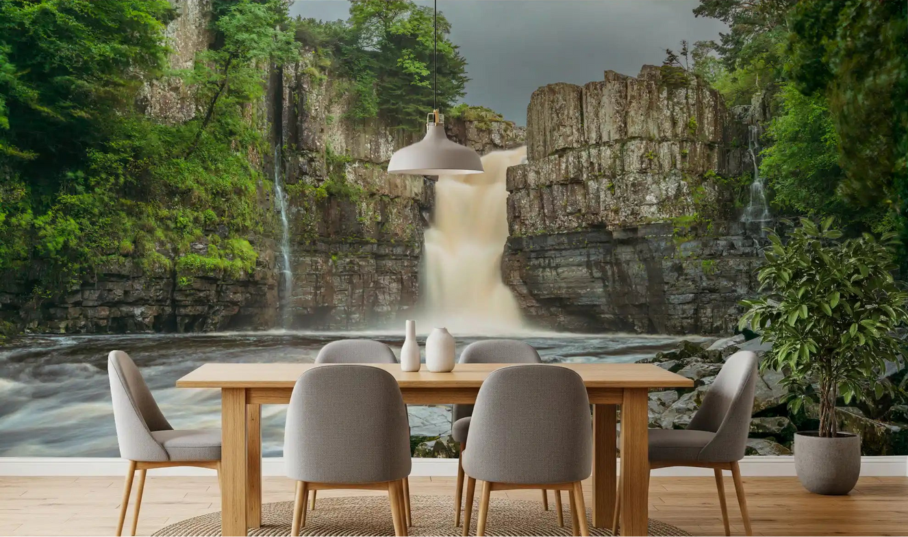 Emerald Falls Serenity Wall Mural with green forest and rocky waterfall for dining room.