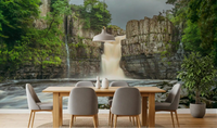 Emerald Falls Serenity Wall Mural with green forest and rocky waterfall for dining room.