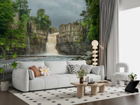 Cascading falls wall mural with textured rocks and leafy trees for interiors.