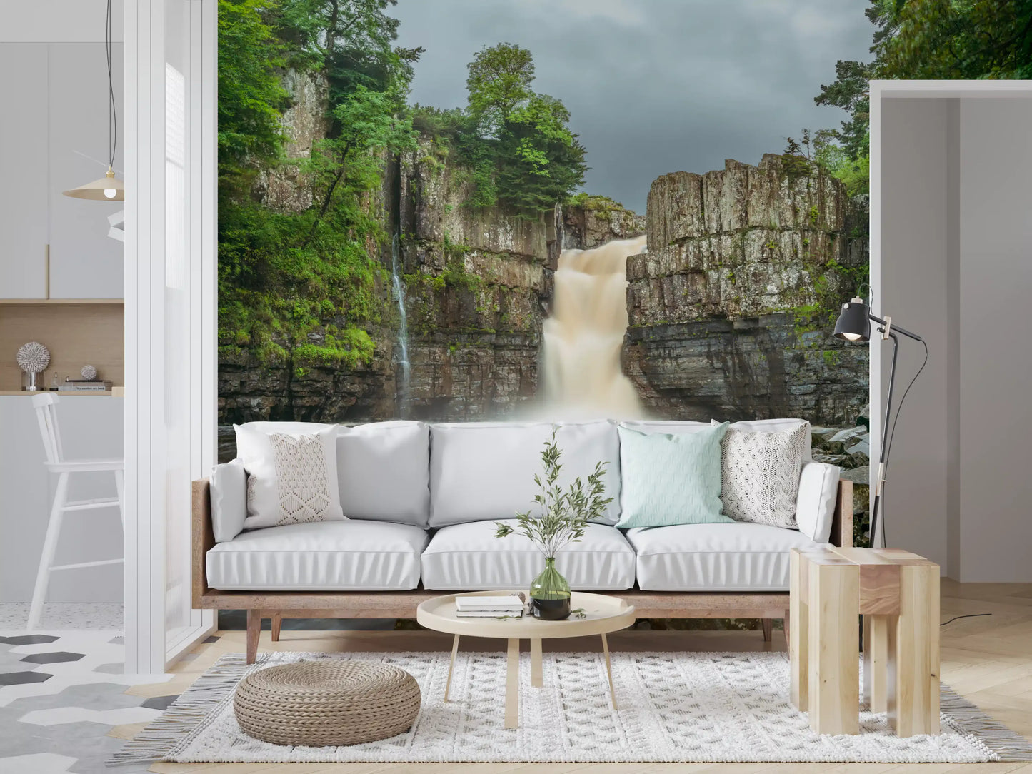 Emerald Falls Serenity Wall Mural with flowing river and rocky terrain for lounge.
