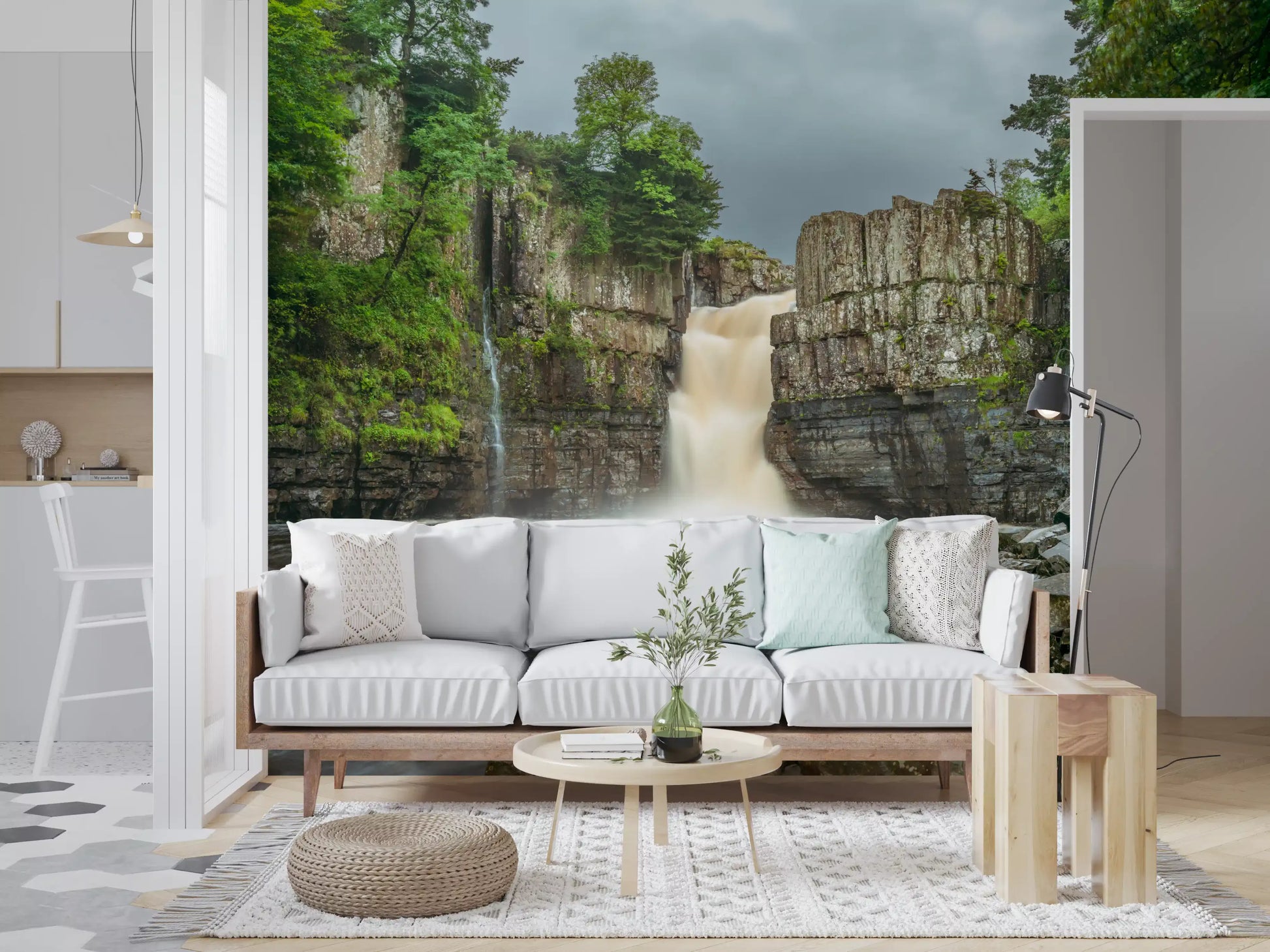 Emerald Falls Serenity Wall Mural with flowing river and rocky terrain for lounge.
