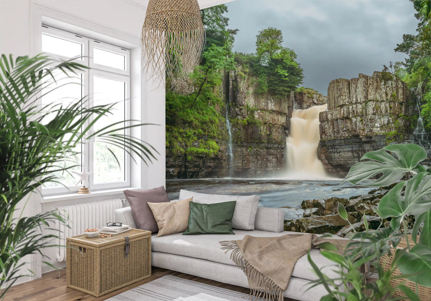 Emerald Falls Serenity Wall Mural showing cascading water and grey cliffs.