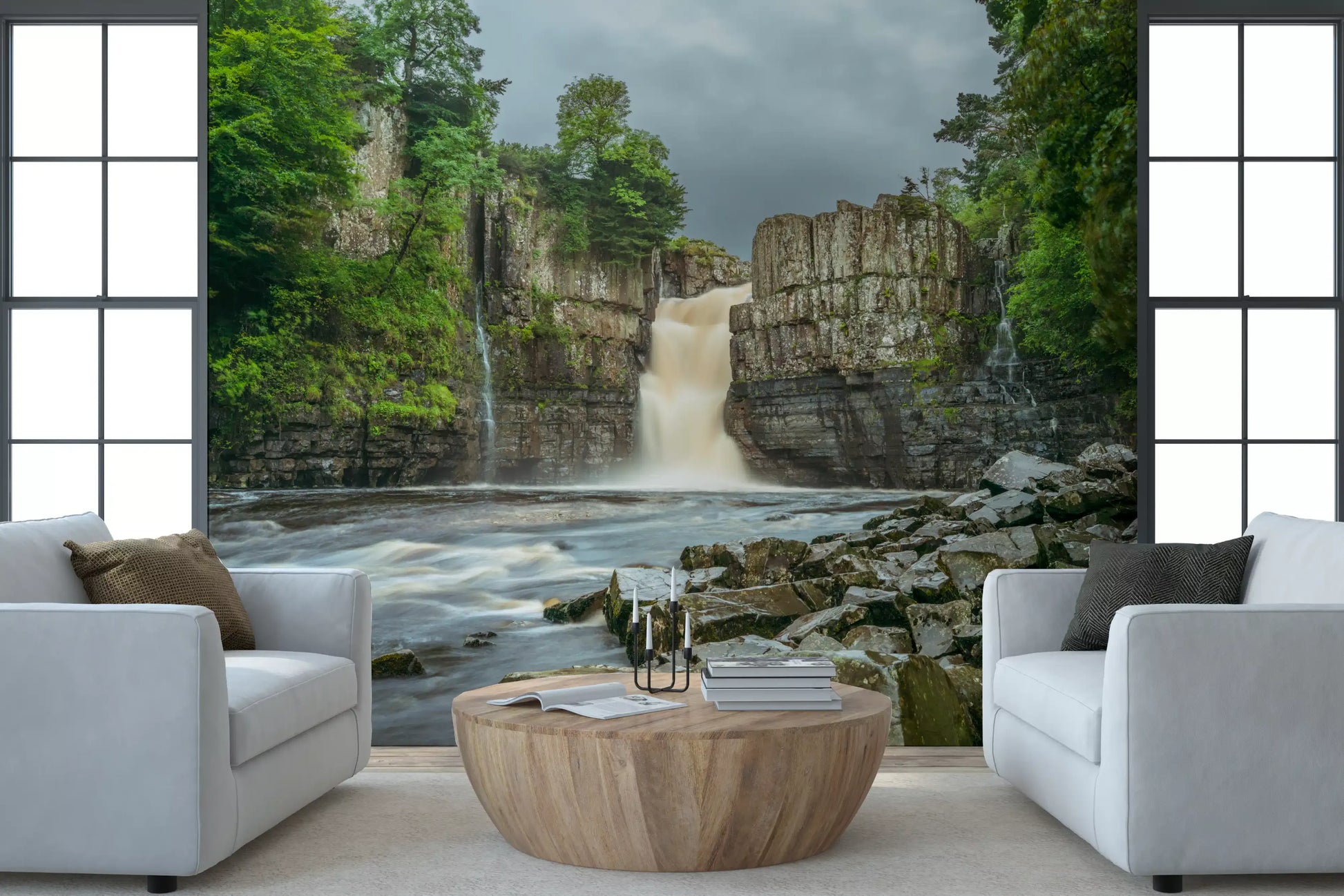 Emerald falls mural with foaming water and rocky riverbed for home walls.
