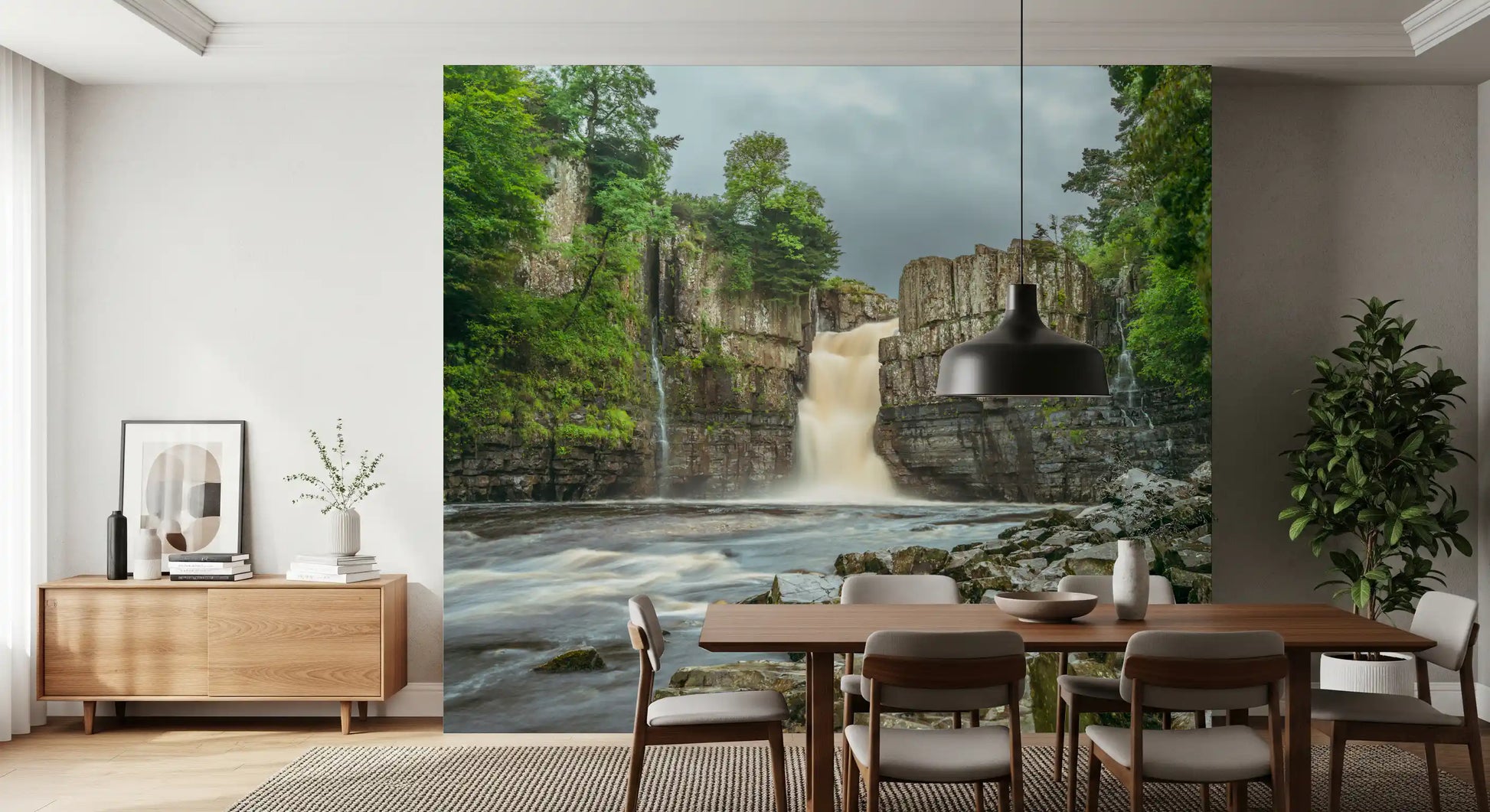 Emerald landscape wall mural with misty waterfall and overcast sky.