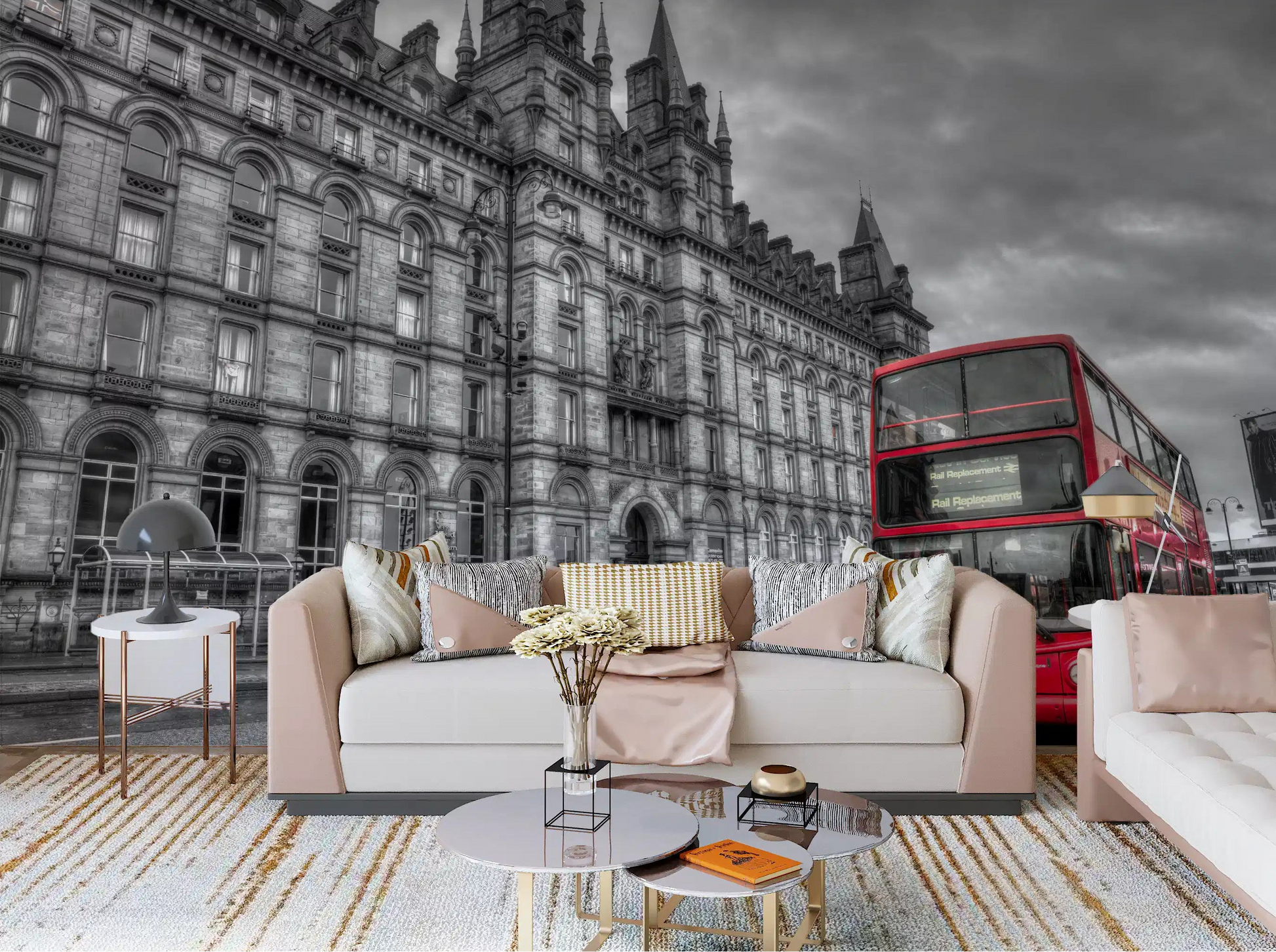 Urban Contrast Historic Grandeur, Bold Red Wall Mural for living room., GD9845