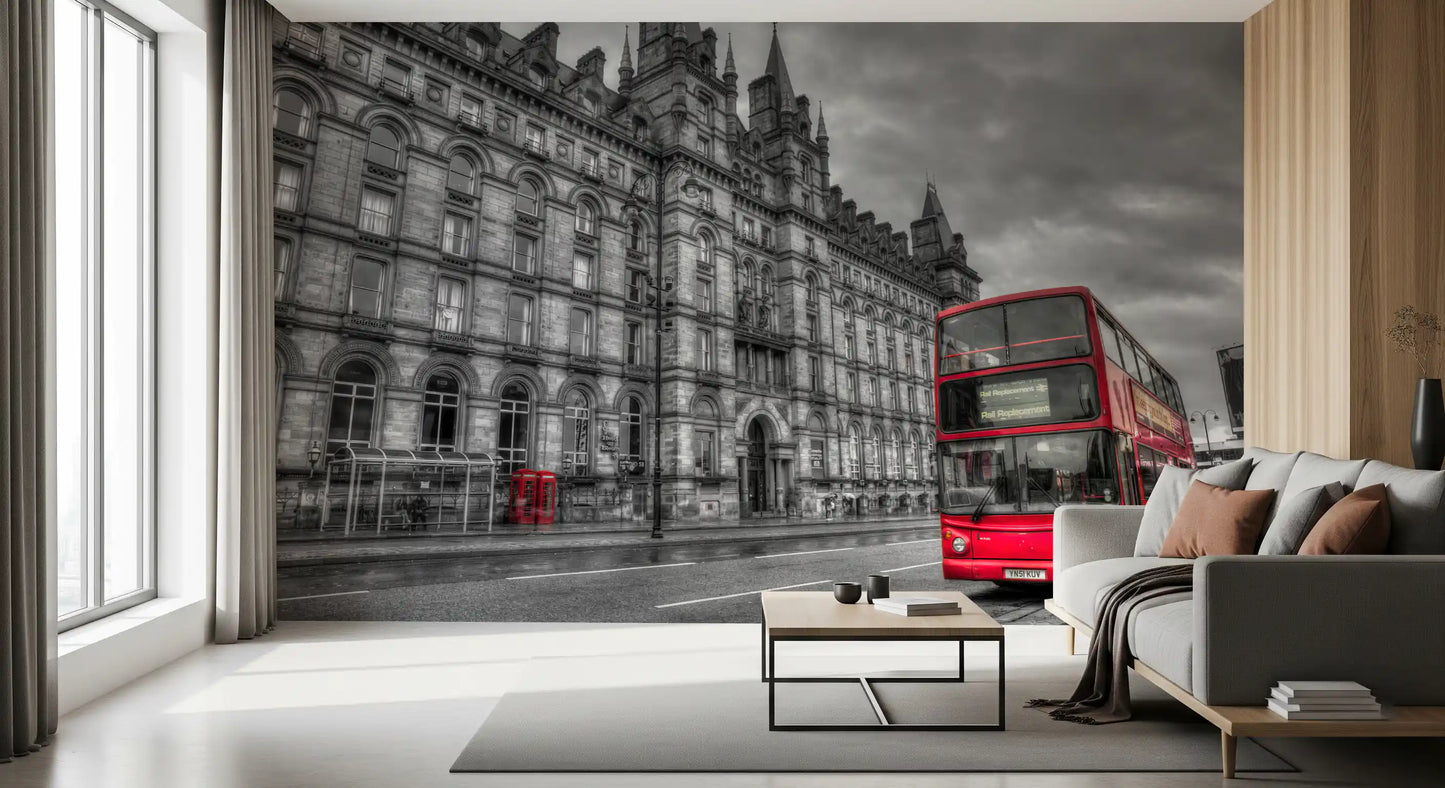 Grey architectural background and red bus wall mural for living rooms., GD9845