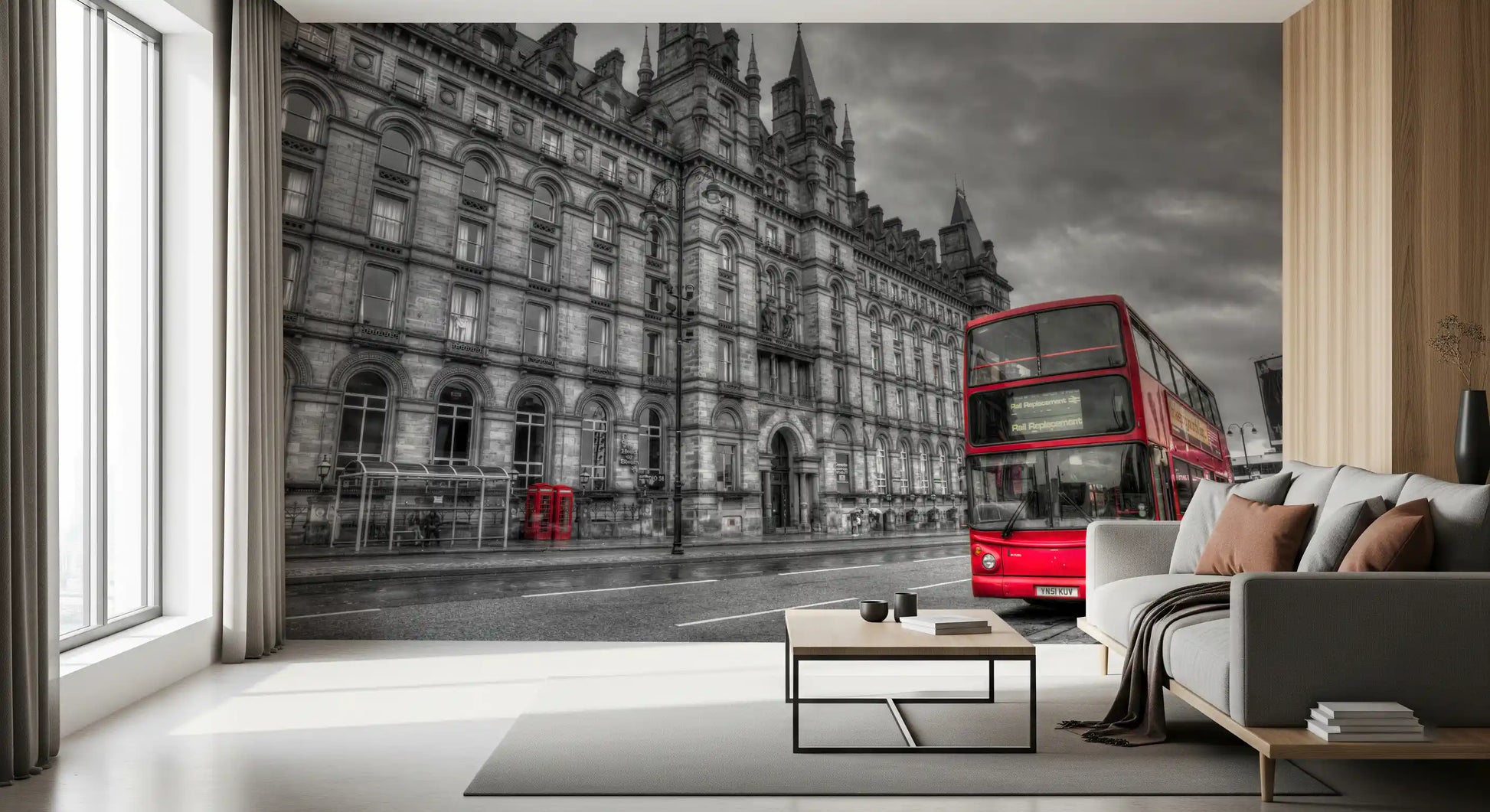 Grey architectural background and red bus wall mural for living rooms., GD9845