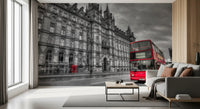 Grey architectural background and red bus wall mural for living rooms., GD9845