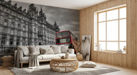 Monochrome stone building and red bus wall mural for living room interior., GD9845