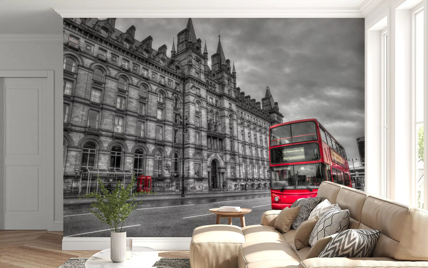 Grandeur stone building with gothic spires and red bus wall mural., GD9845