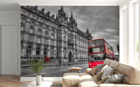 Grandeur stone building with gothic spires and red bus wall mural., GD9845