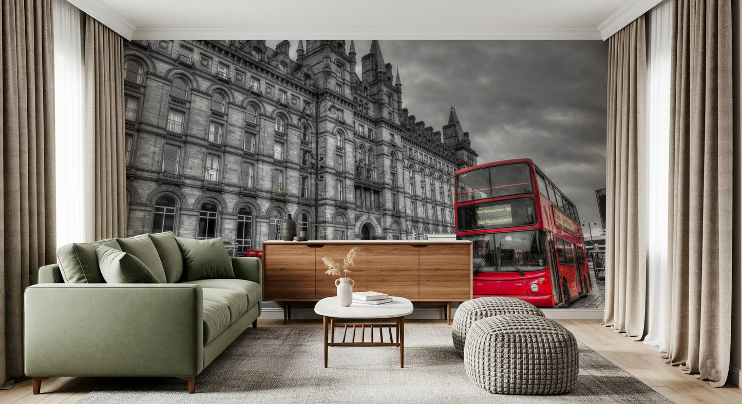 Gothic spires and red double decker bus wall mural for living room., GD9845