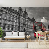 Red iconic bus and vintage telephone box grey cityscape wall mural., GD9845
