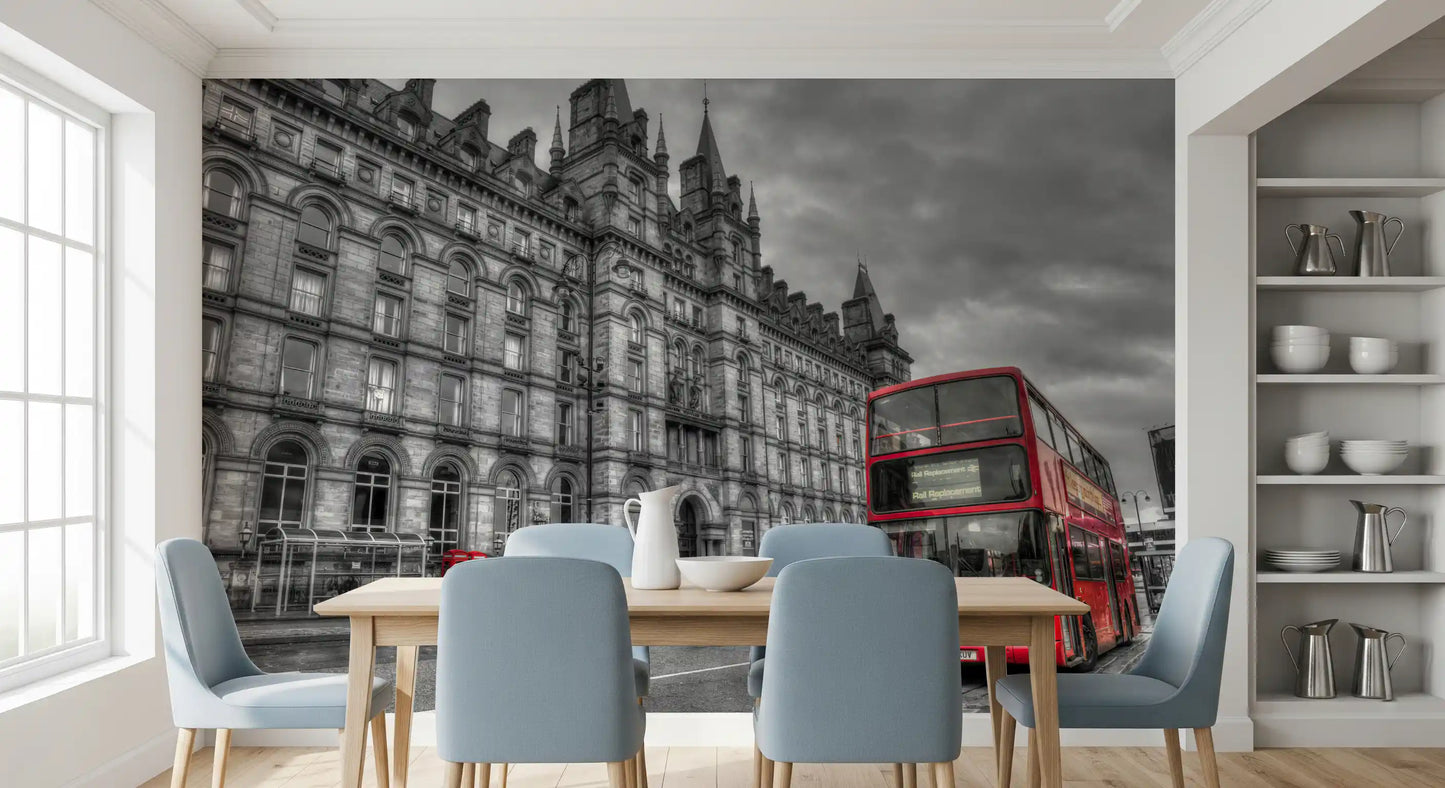 Grey stone historic building with red bus wall mural for dining space., GD9845
