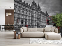 Bold red bus on a grey urban street scene wall mural with cloudy sky., GD9845