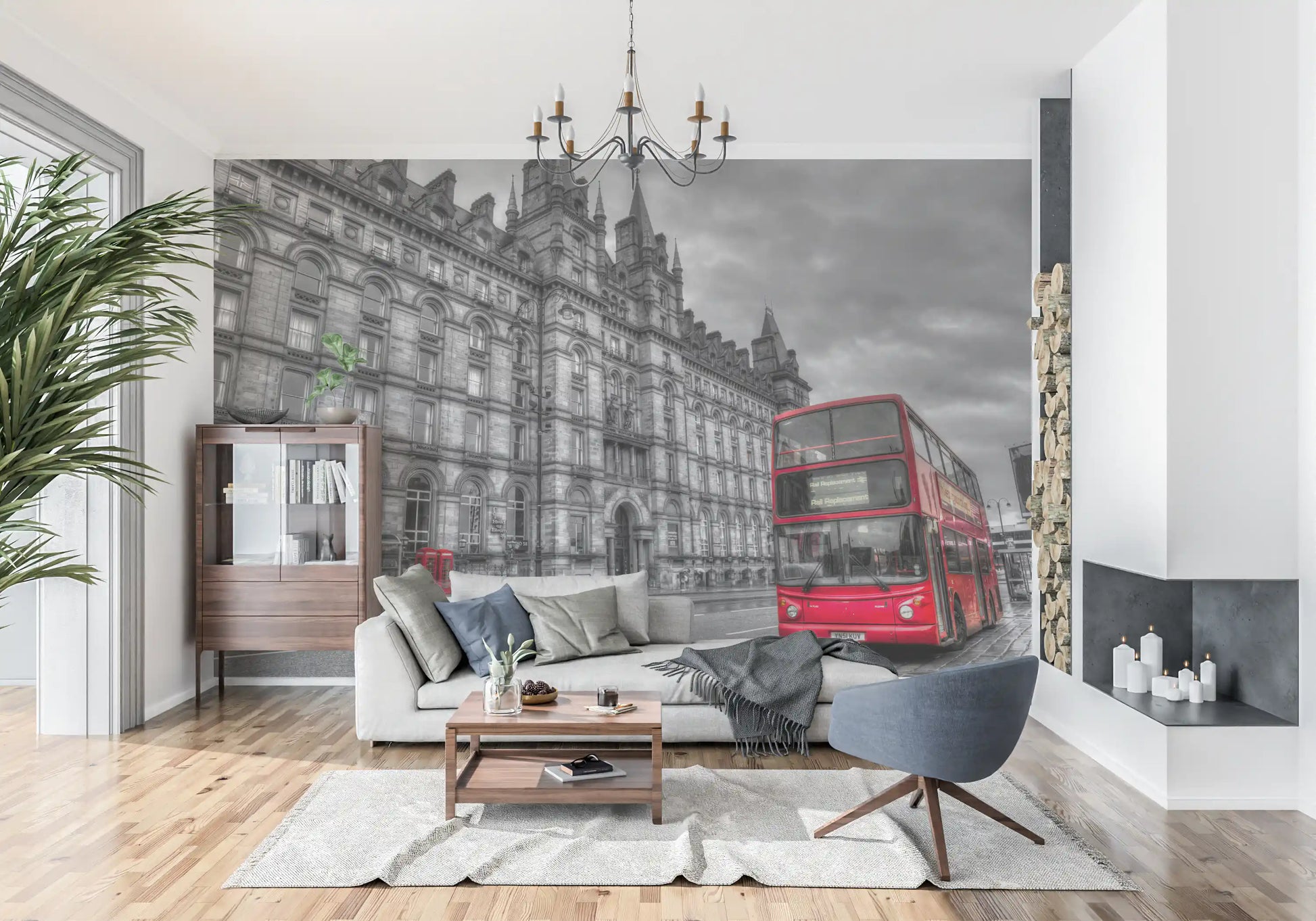 Historic architecture and red double decker bus wall mural., GD9845