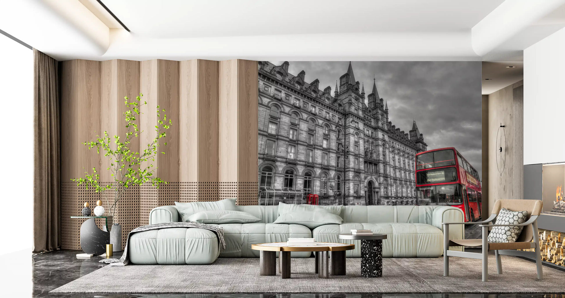 High contrast red telephone booth and grey stone building wall mural., GD9845