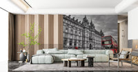 High contrast red telephone booth and grey stone building wall mural., GD9845