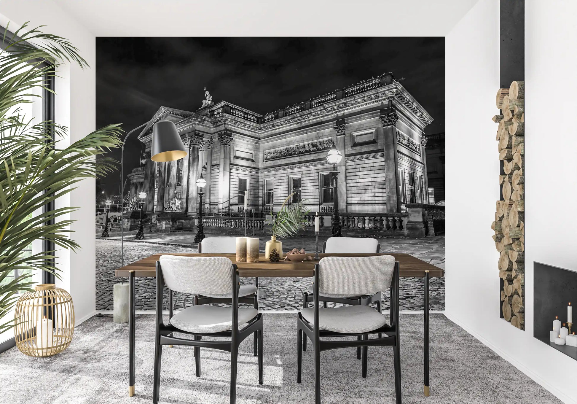 Monochrome nightscape wall mural for modern dining room., GD9846