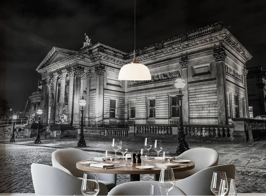 Classical Nightscape Wall Mural in a monochrome dining room setting.