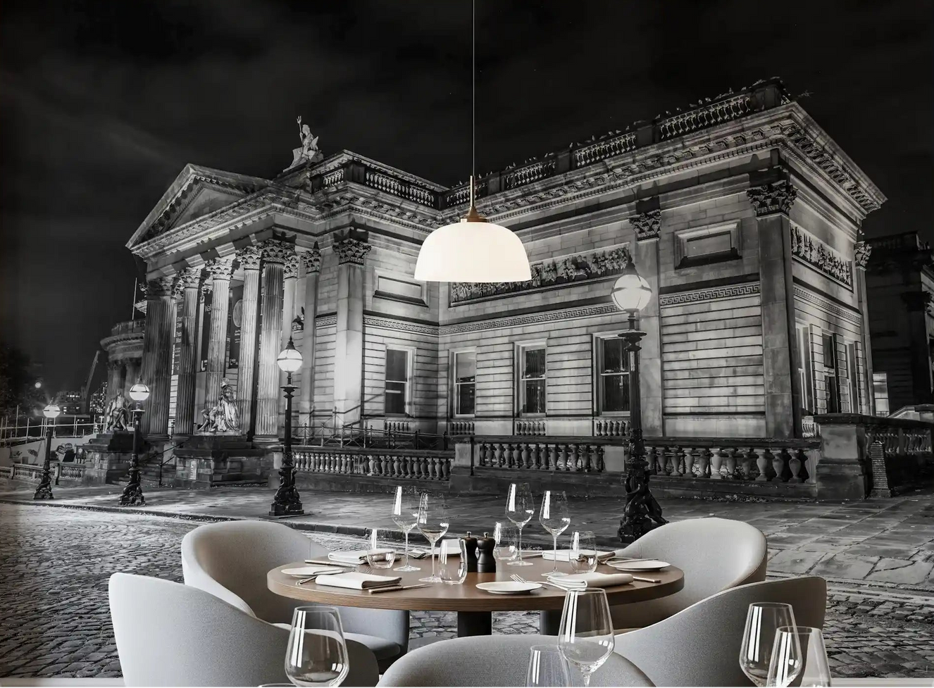 Classical Nightscape Wall Mural in a monochrome dining room setting.