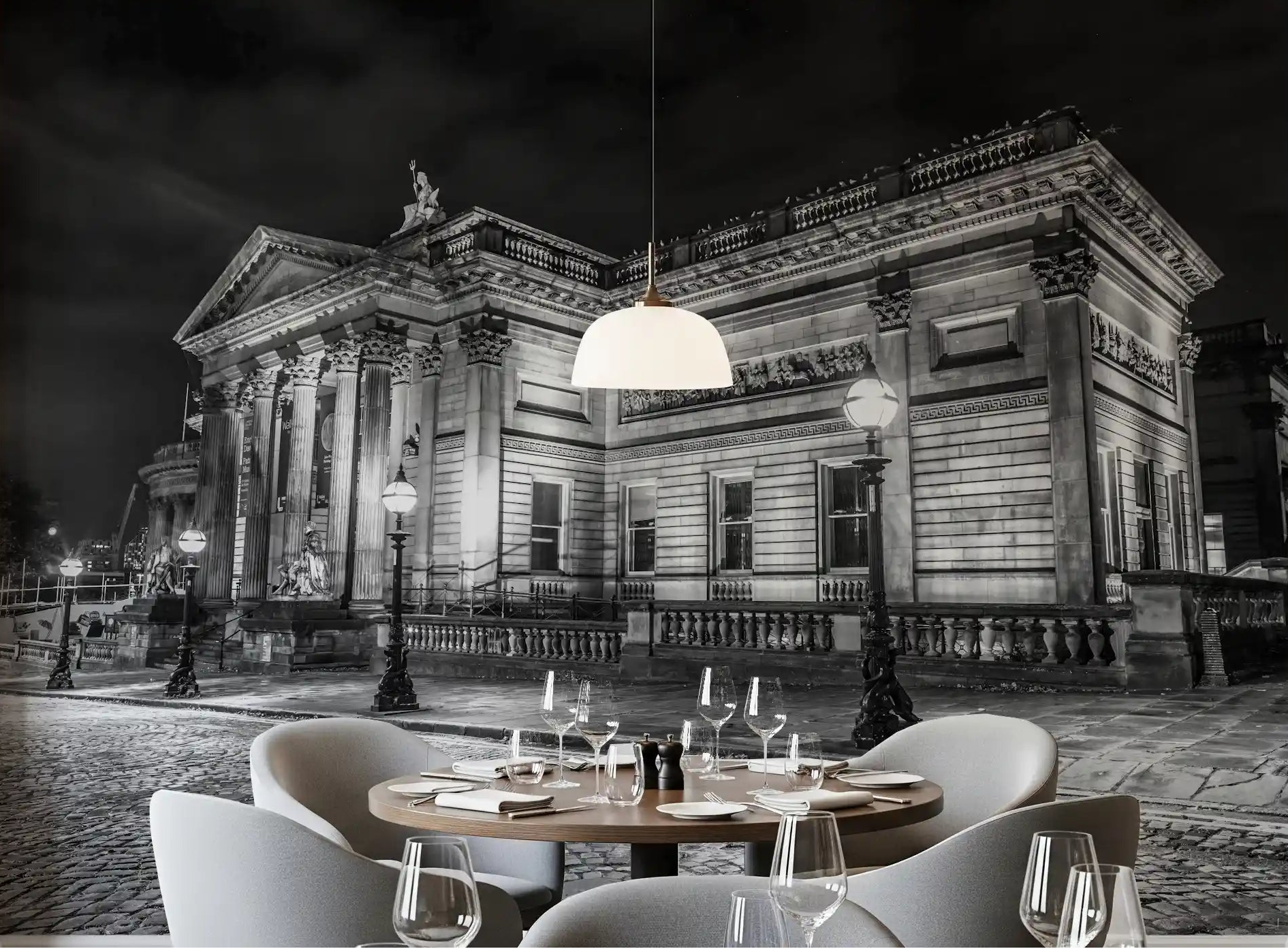 Classical Nightscape Wall Mural in a monochrome dining room setting., GD9846