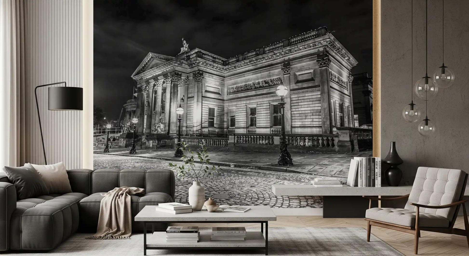 Stone facade and column wall mural in detailed black and white tone., GD9846