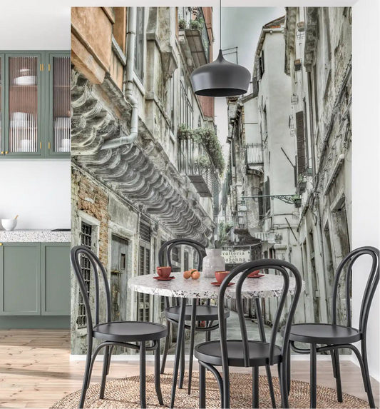 Venetian Alley Whisper Wall Mural in grey stone for dining room.