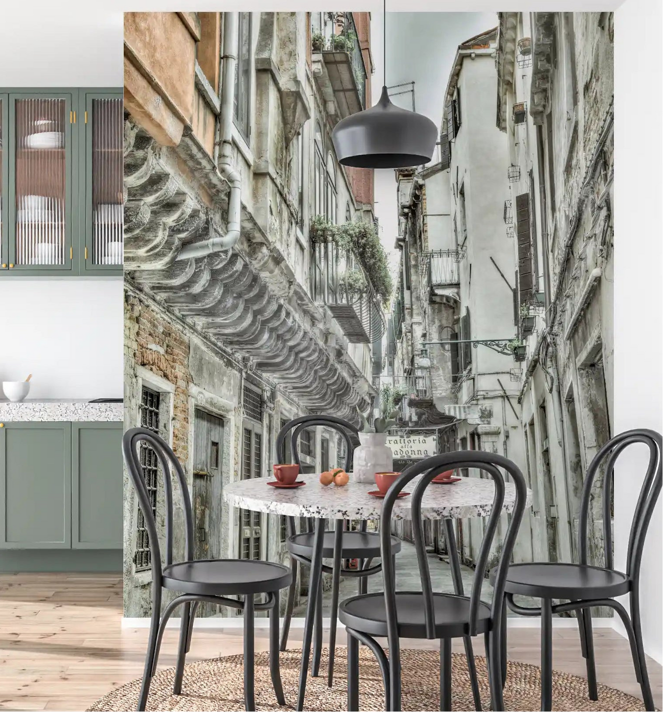Venetian Alley Whisper Wall Mural in grey stone for dining room.