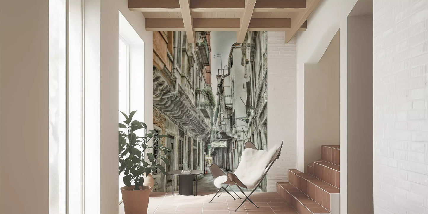 Narrow rustic street wall mural depicting historical Venetian architecture.