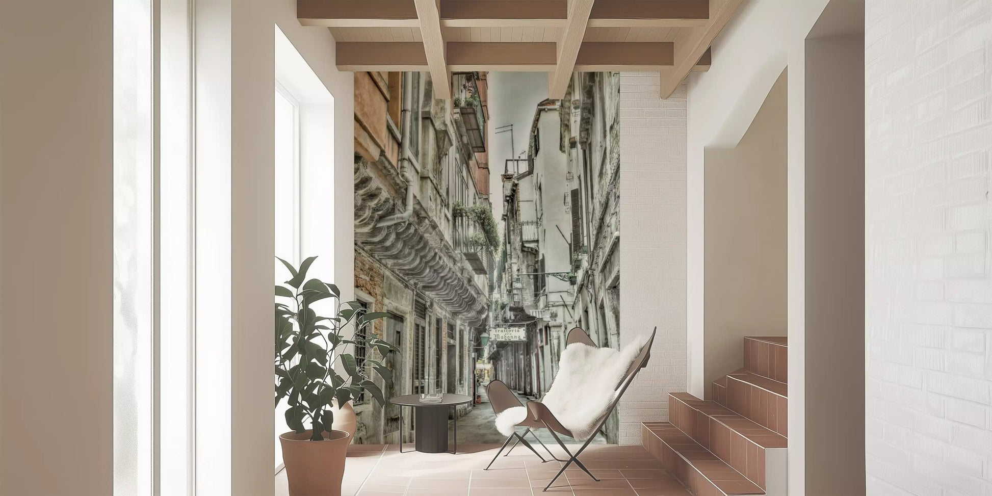 Narrow rustic street wall mural depicting historical Venetian architecture.