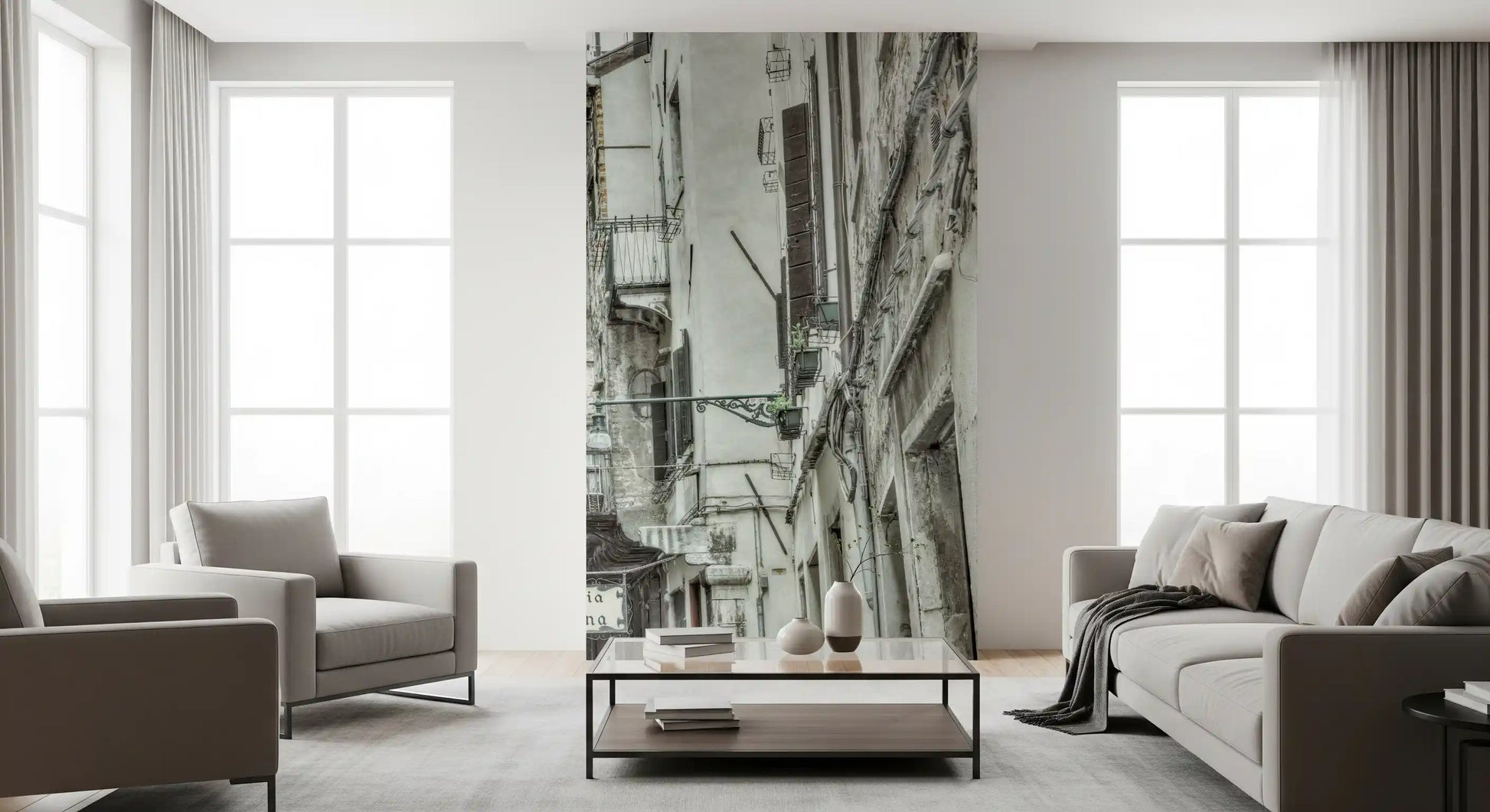 Vintage architectural Venetian wall mural with balconies and shutters.