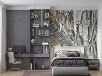 Muted grey Alley wall mural showing tall buildings and street signs.