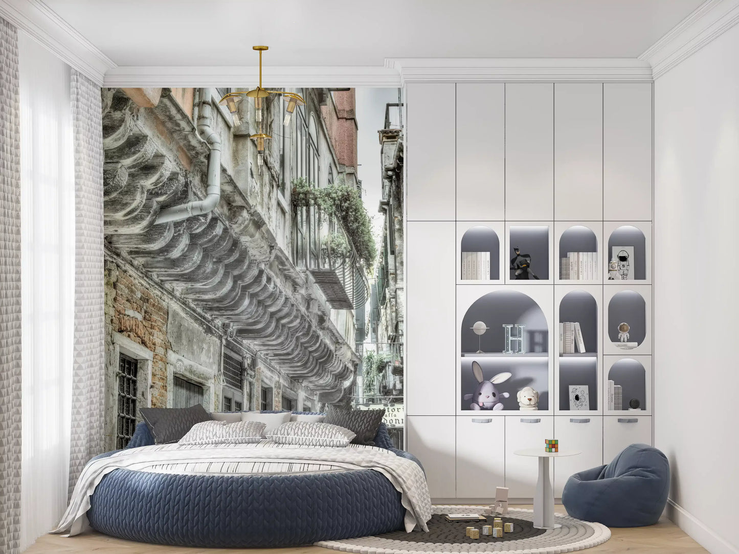 Grey and beige narrow Alley mural for bedroom feature wall styling.