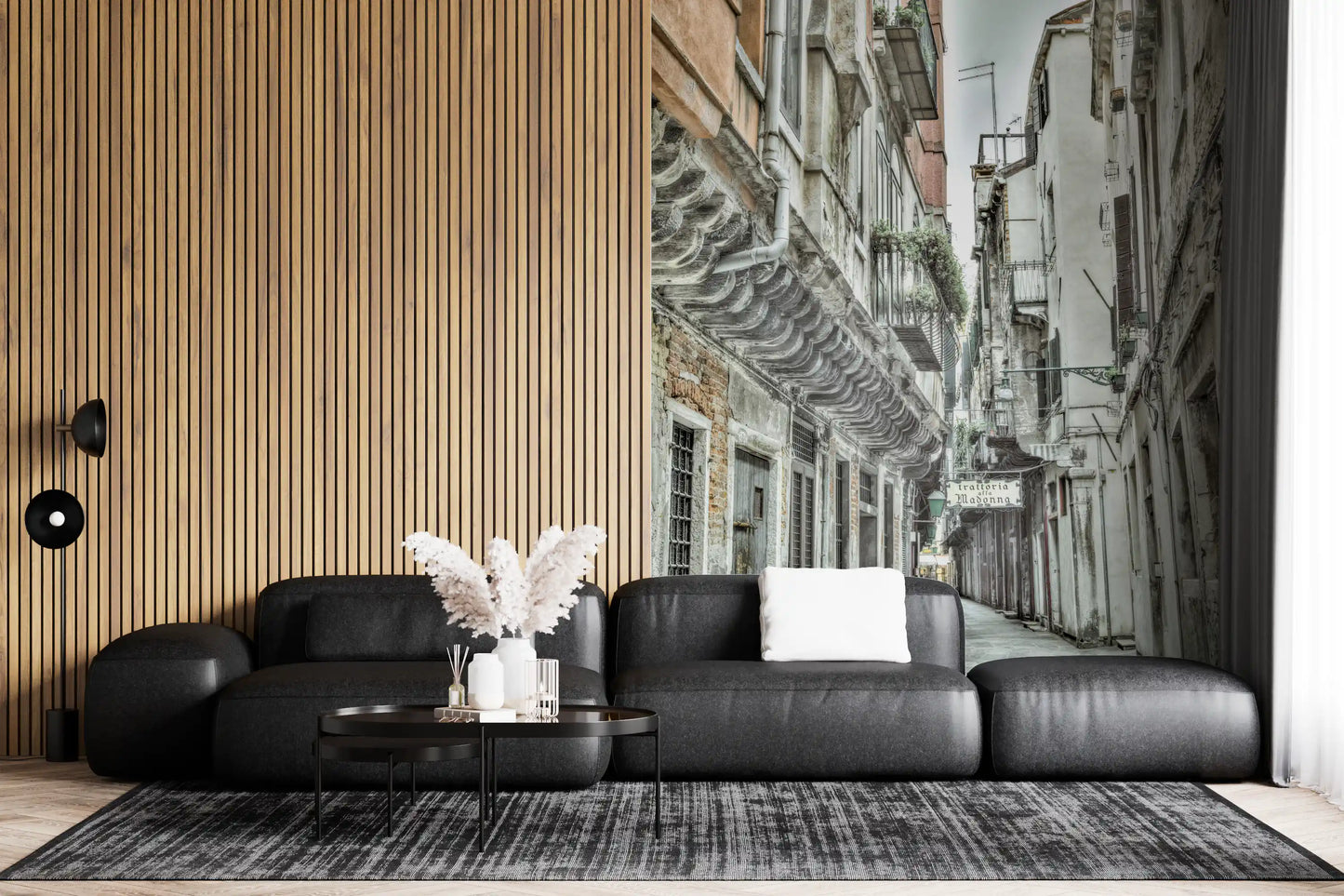 Venetian Alley Whisper Wall Mural with stone pavement and hanging plants.