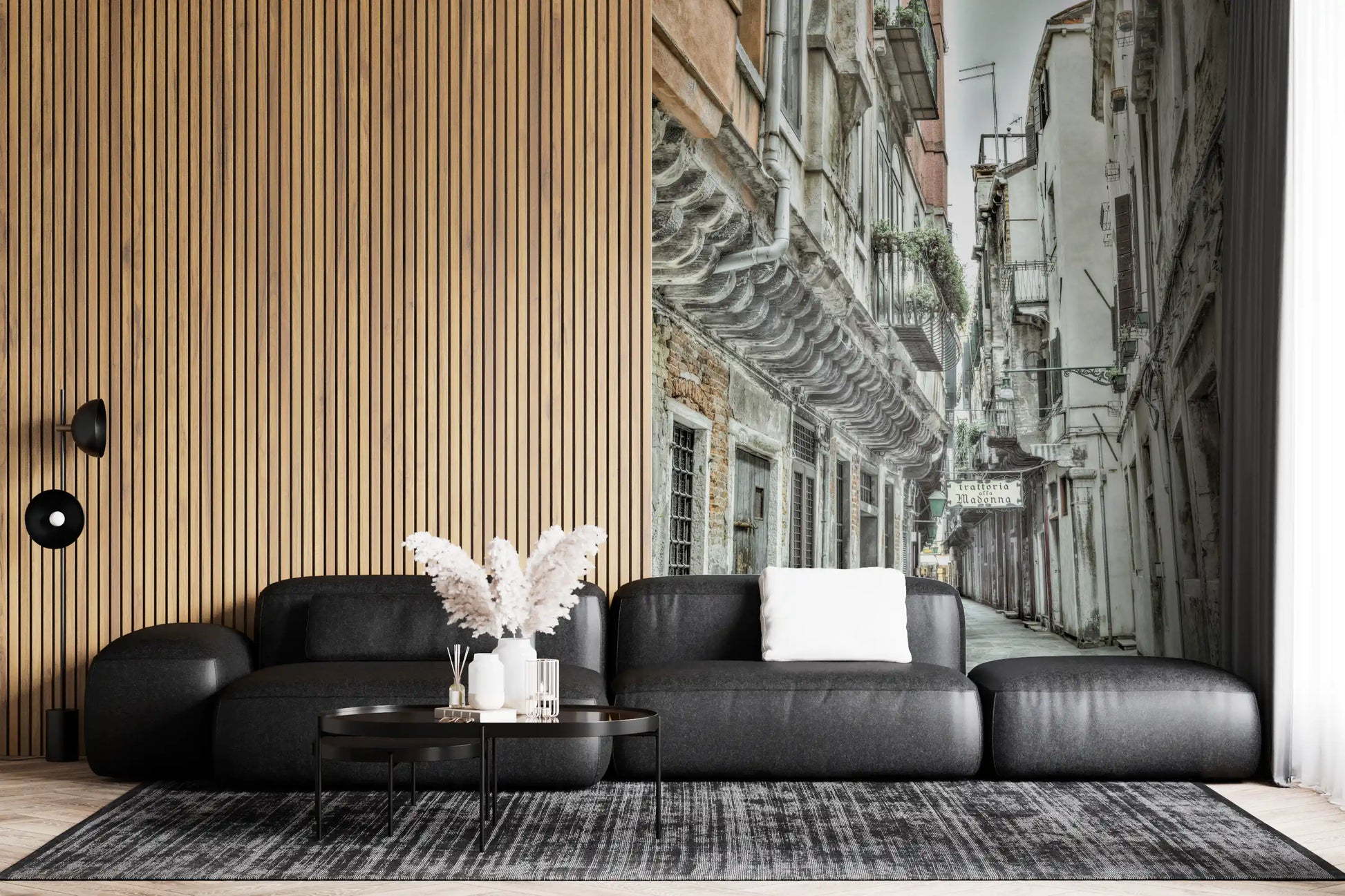 Venetian Alley Whisper Wall Mural with stone pavement and hanging plants.
